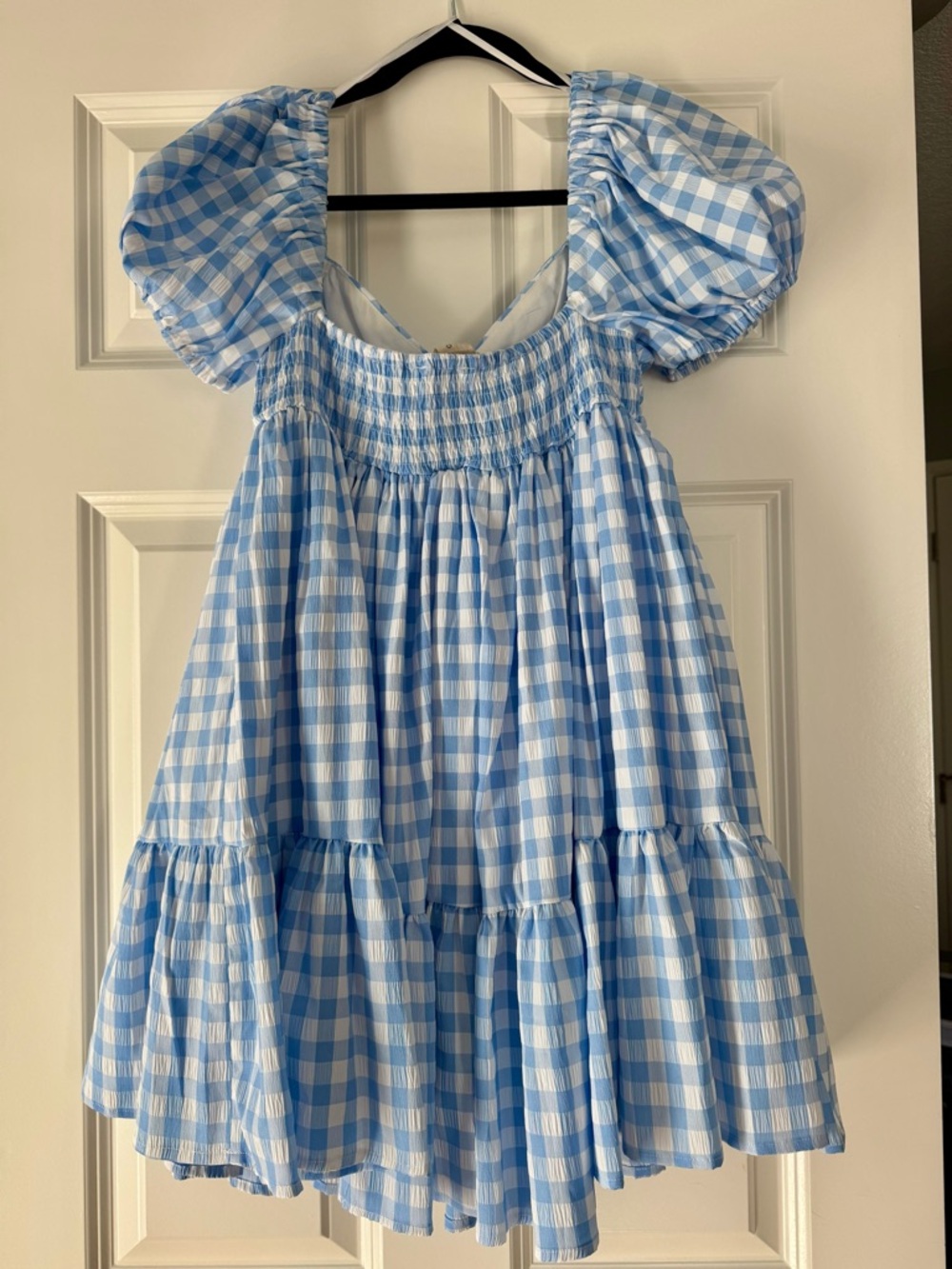 MARBLE Light Blue Gingham Puff-Sleeve Dress with Front Bow - Picture 2 of 3